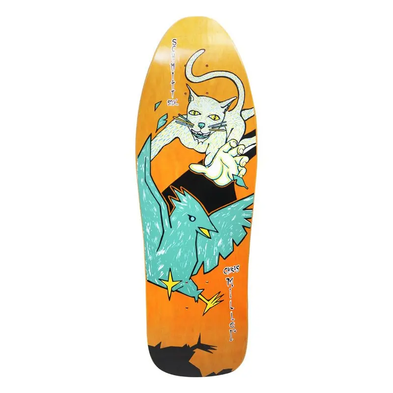 Schmitt Stix 9.5" X 30" Chris Miller Cat Bird (Orange Stain) Skateboard Deck 1
