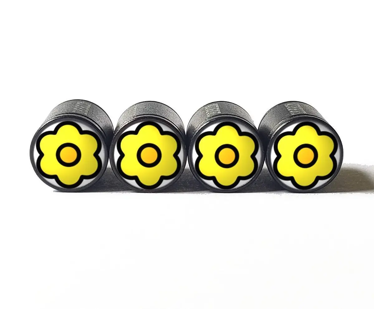 Simple Yellow Flower Emoji Tire Valve Caps - Black Aluminum - Set Of 4 1