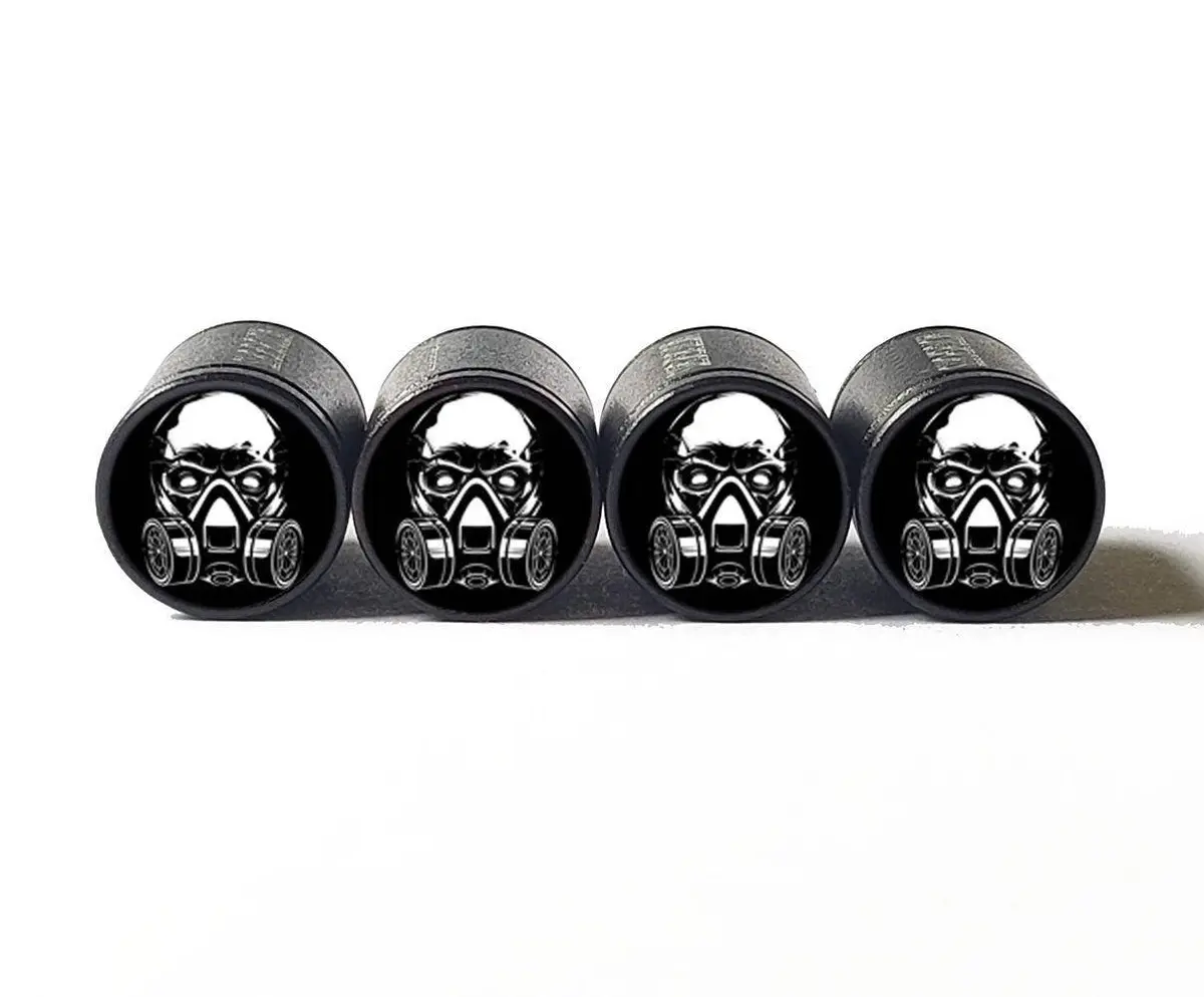 Skull With Gas Mask Tire Valve Caps - Black Aluminum - Set Of Four 1