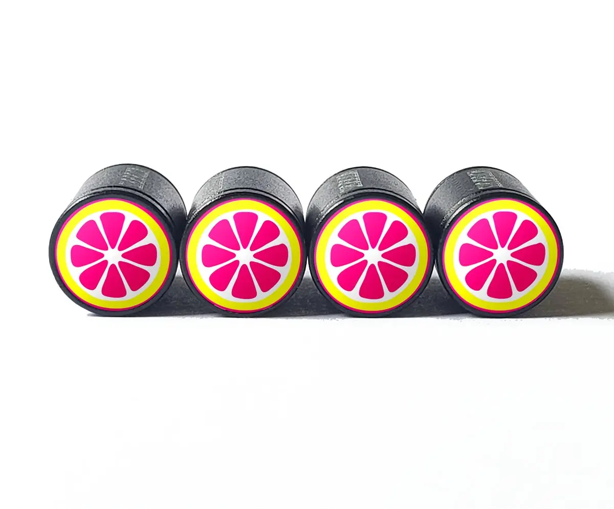 Sliced Pink Grapefruit Tire Valve Caps - Black Aluminum - Set Of Four 1