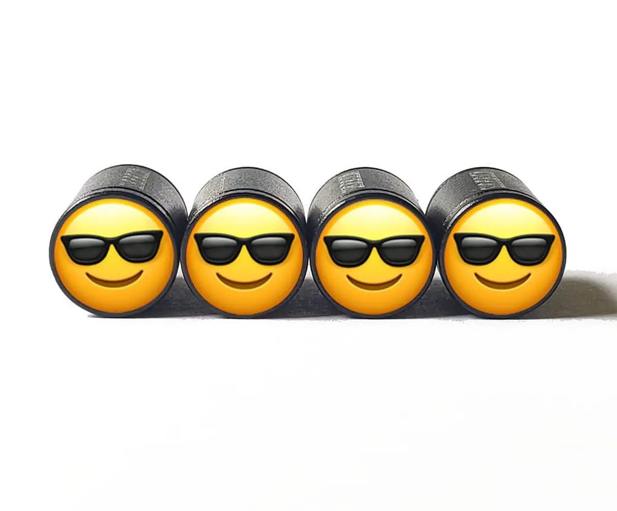 Smiley Face With Sunglasses Tire Valve Caps - Black Aluminum - Set Of Four 1