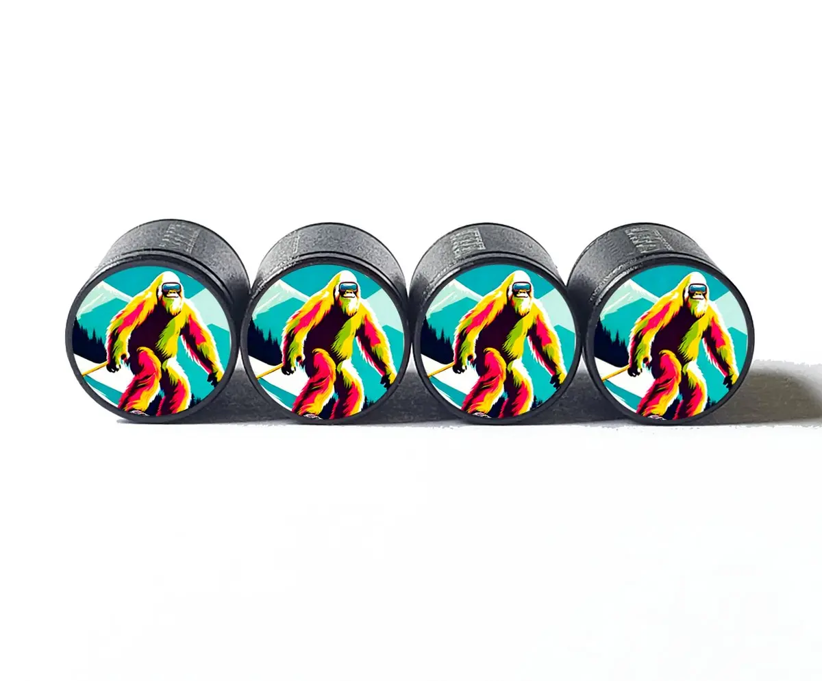 Smiling Yeti Snow Skiing Tire Valve Caps - Black Aluminum - Set Of Four 1