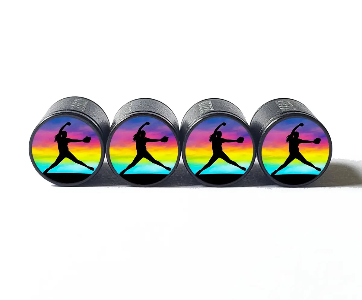 Softball Pitcher (Rainbow) Tire Valve Stem Caps - Black Aluminum - Set Of Four 1