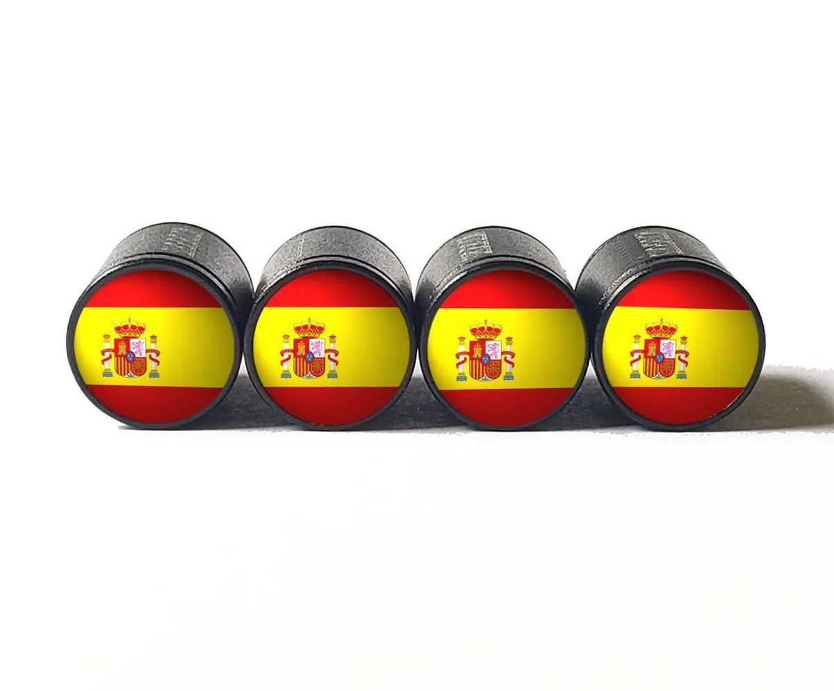 Spain Spanish Flag Tire Valve Caps - Black Aluminum - Set Of Four 1