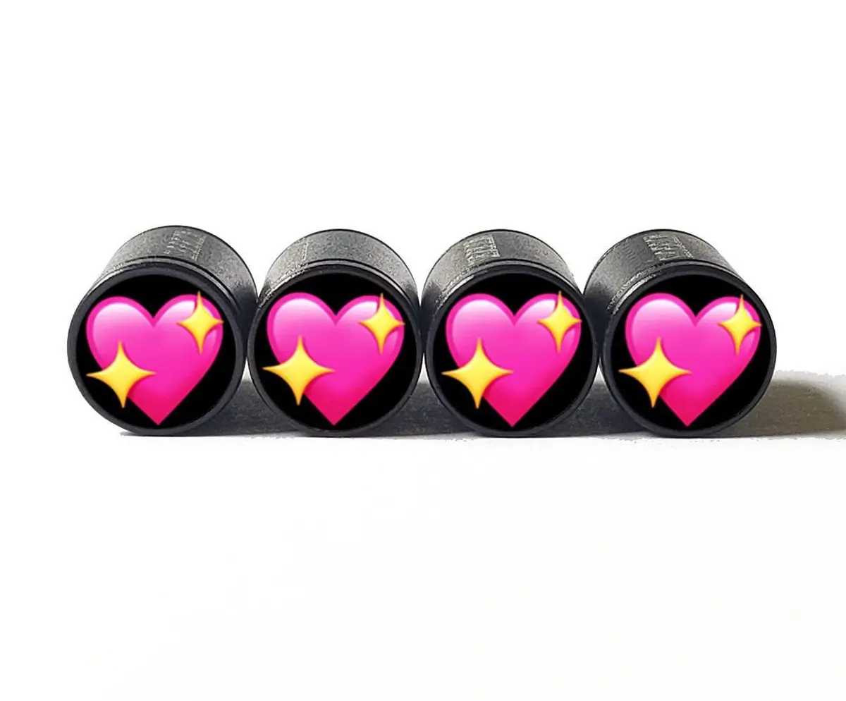 Sparkling Heart Emoji Tire Valve Caps - Black Aluminum - Set Of Four 1
