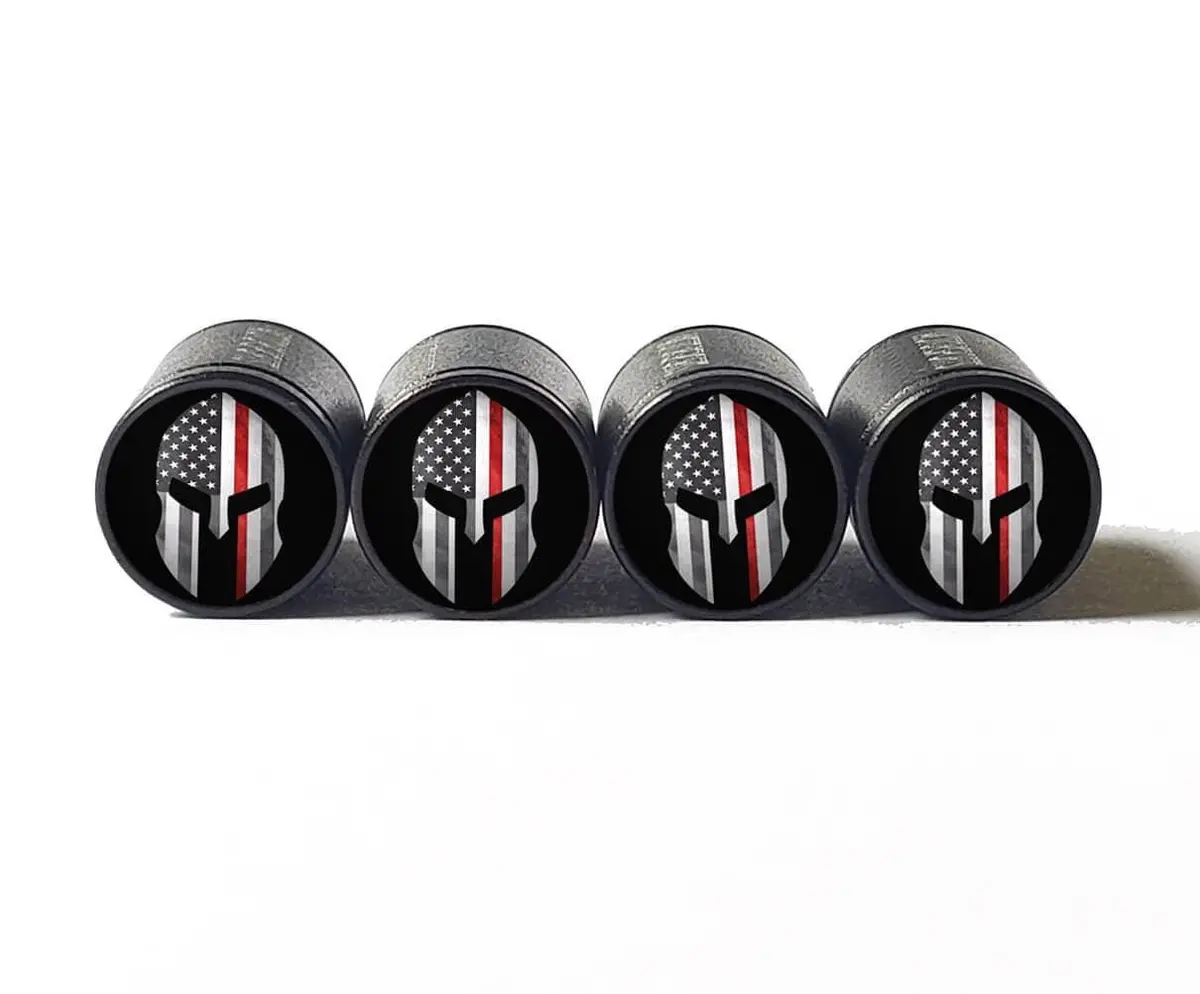 Spartan Firefighter Red Line Tire Valve Caps - Black Aluminum - Set Of Four 1