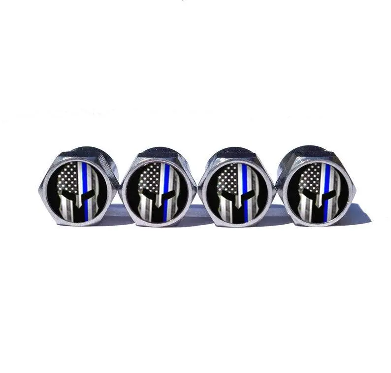 Spartan Police Blue Line Tire Valve Caps - Chrome Coated - Set Of Four 1
