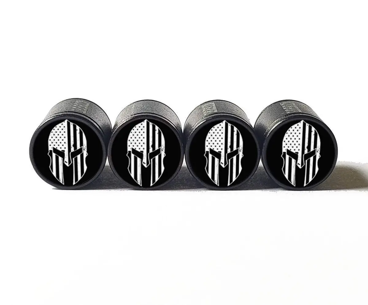 Black And White Spartan Helmet Usa Flag Tire Valve Caps - Black Aluminum - Set Of Four 1