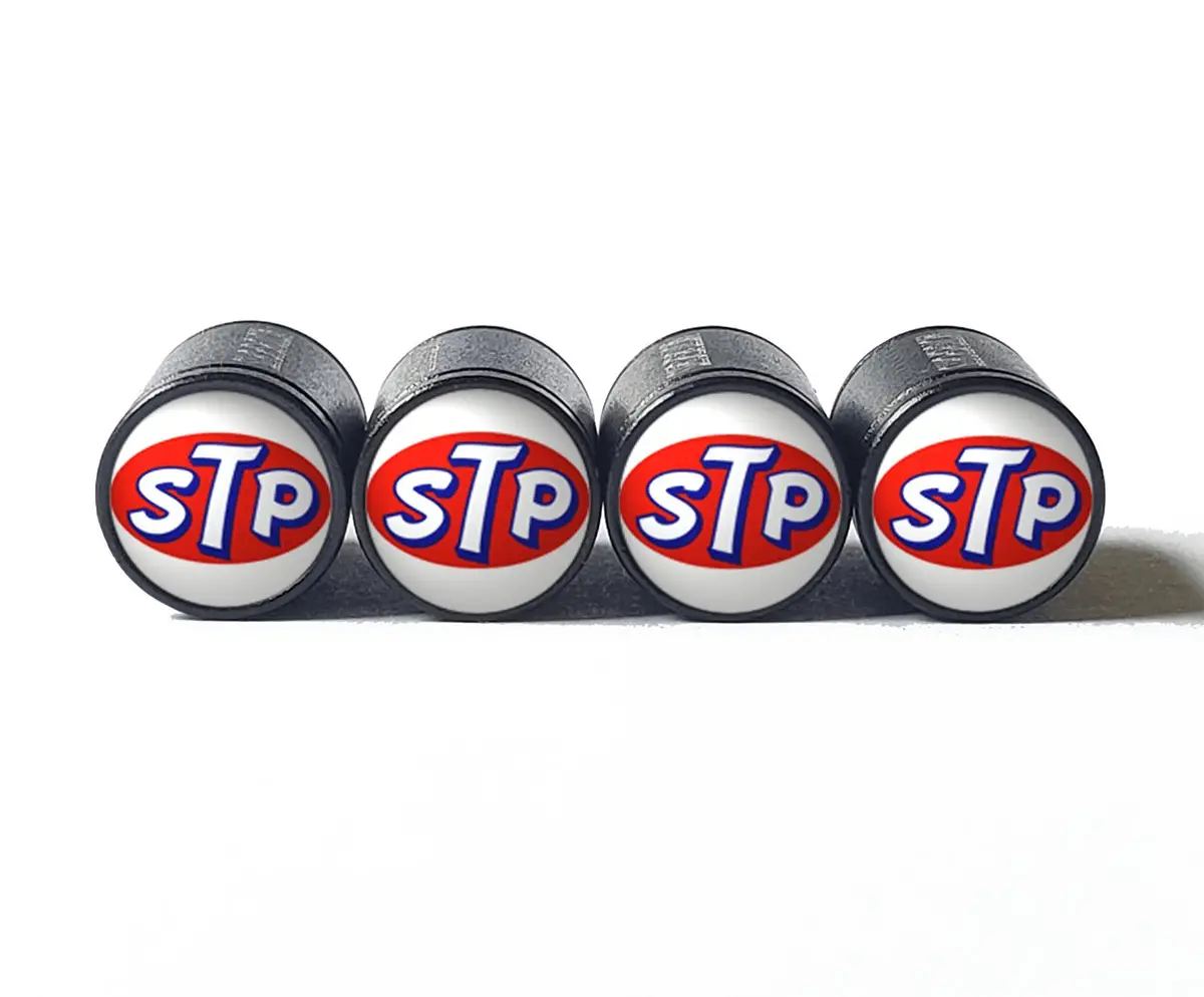 Stp Oil Logo Tire Valve Caps - Black Aluminum - Set Of Four 1