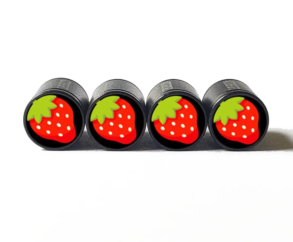 Red Strawberry Tire Valve Caps - Black Aluminum - Set Of Four 1