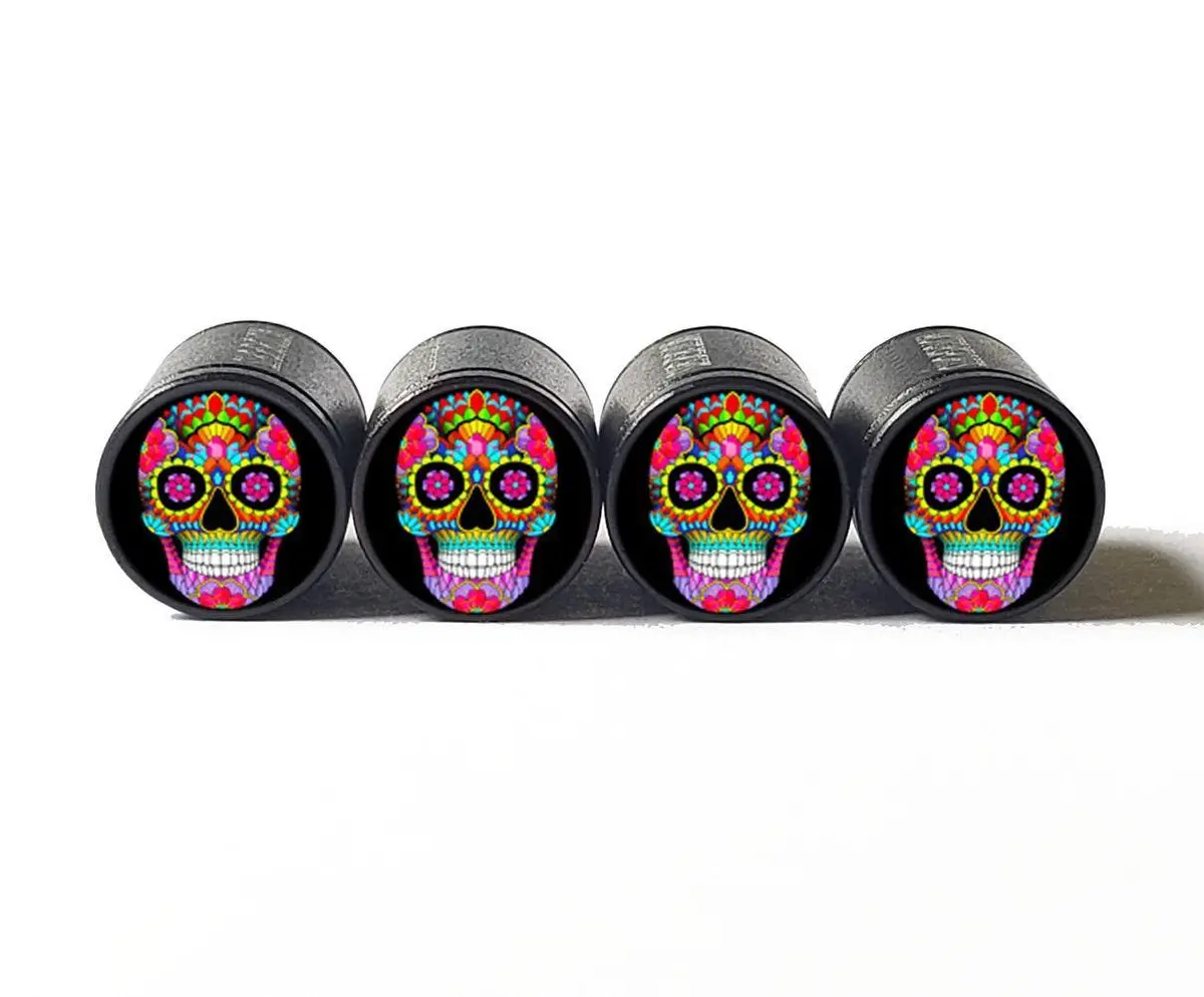 Sugar Skull (Style 1) Tire Valve Caps - Black Aluminum - Set Of Four 1