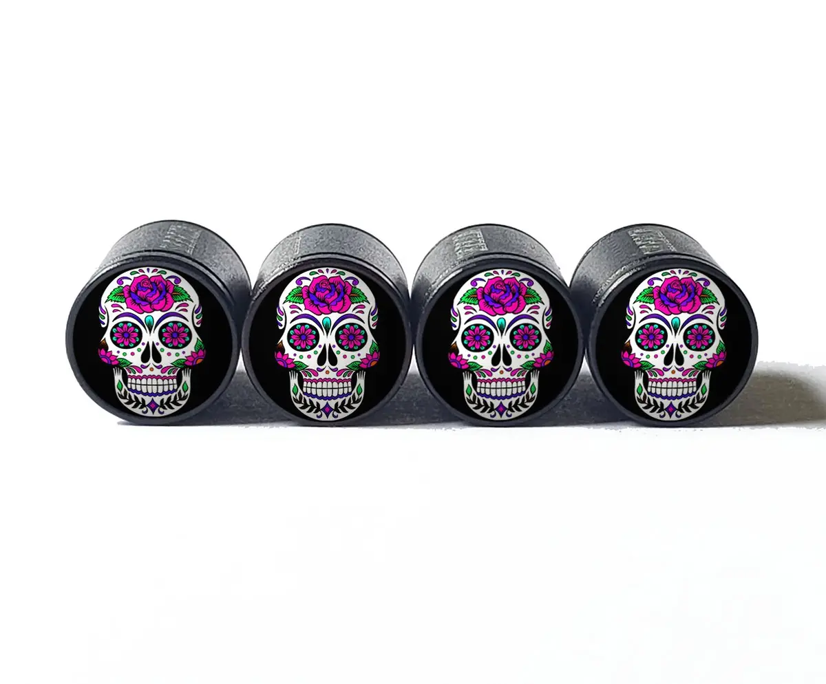 Sugar Skull (Style 10) Tire Valve Caps - Black Aluminum - Set Of Four 1