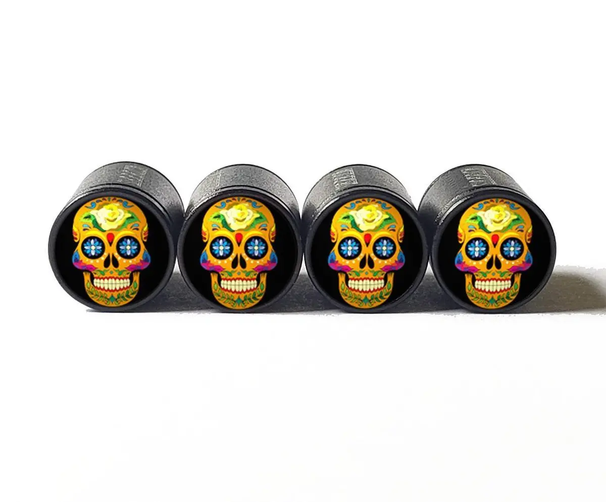 Sugar Skull (Style 3) Tire Valve Caps - Black Aluminum - Set Of Four 1