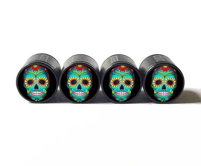 Sugar Skull (Style 4) Tire Valve Caps - Black Aluminum - Set Of Four 1