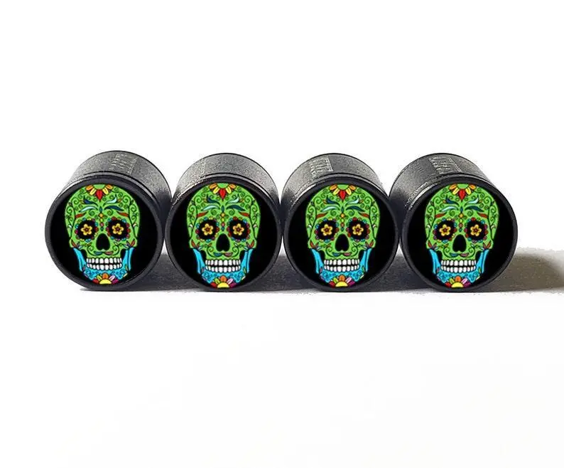 Sugar Skull (Style 5) Tire Valve Caps - Black Aluminum - Set Of Four 1