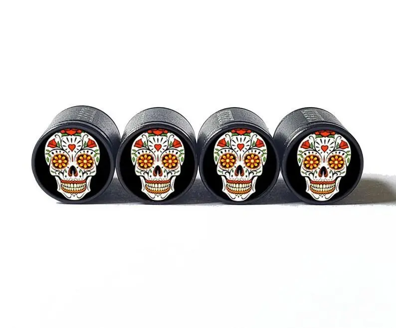 Sugar Skull (Style 7) Tire Valve Caps - Black Aluminum - Set Of Four 1