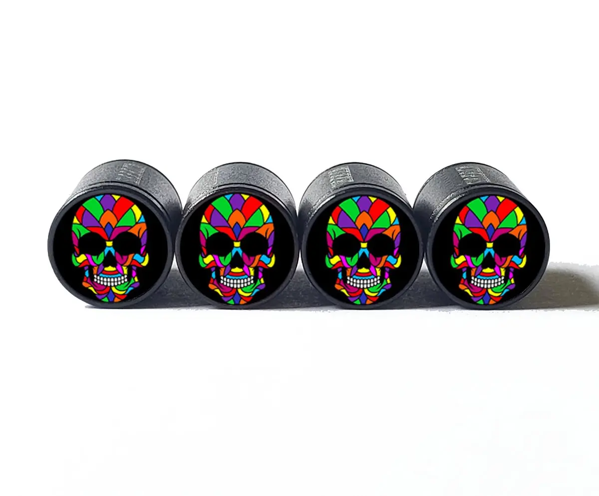 Sugar Skull (Style 8) Tire Valve Caps - Black Aluminum - Set Of Four 1