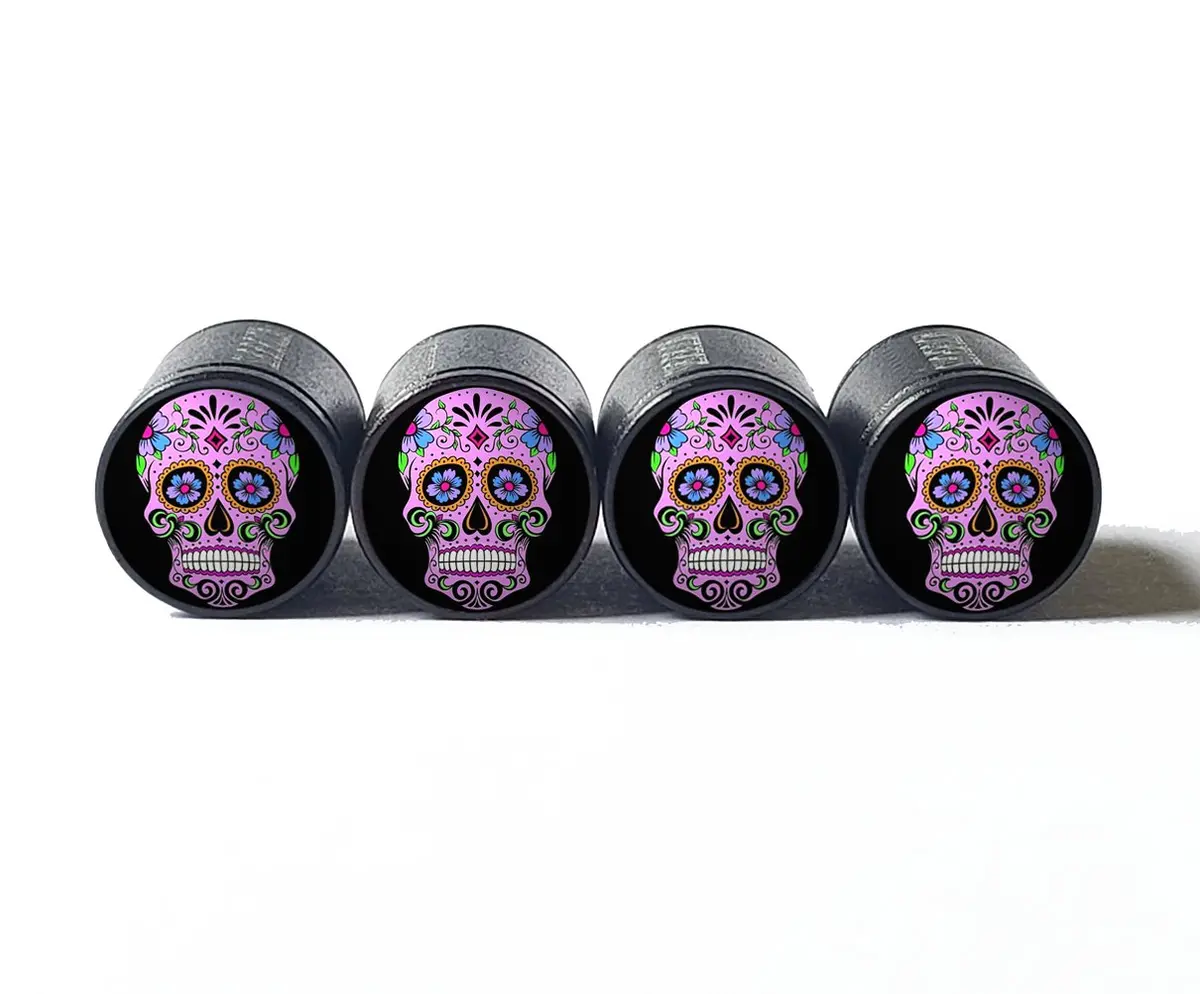 Sugar Skull (Style 9) Tire Valve Caps - Black Aluminum - Set Of Four 1