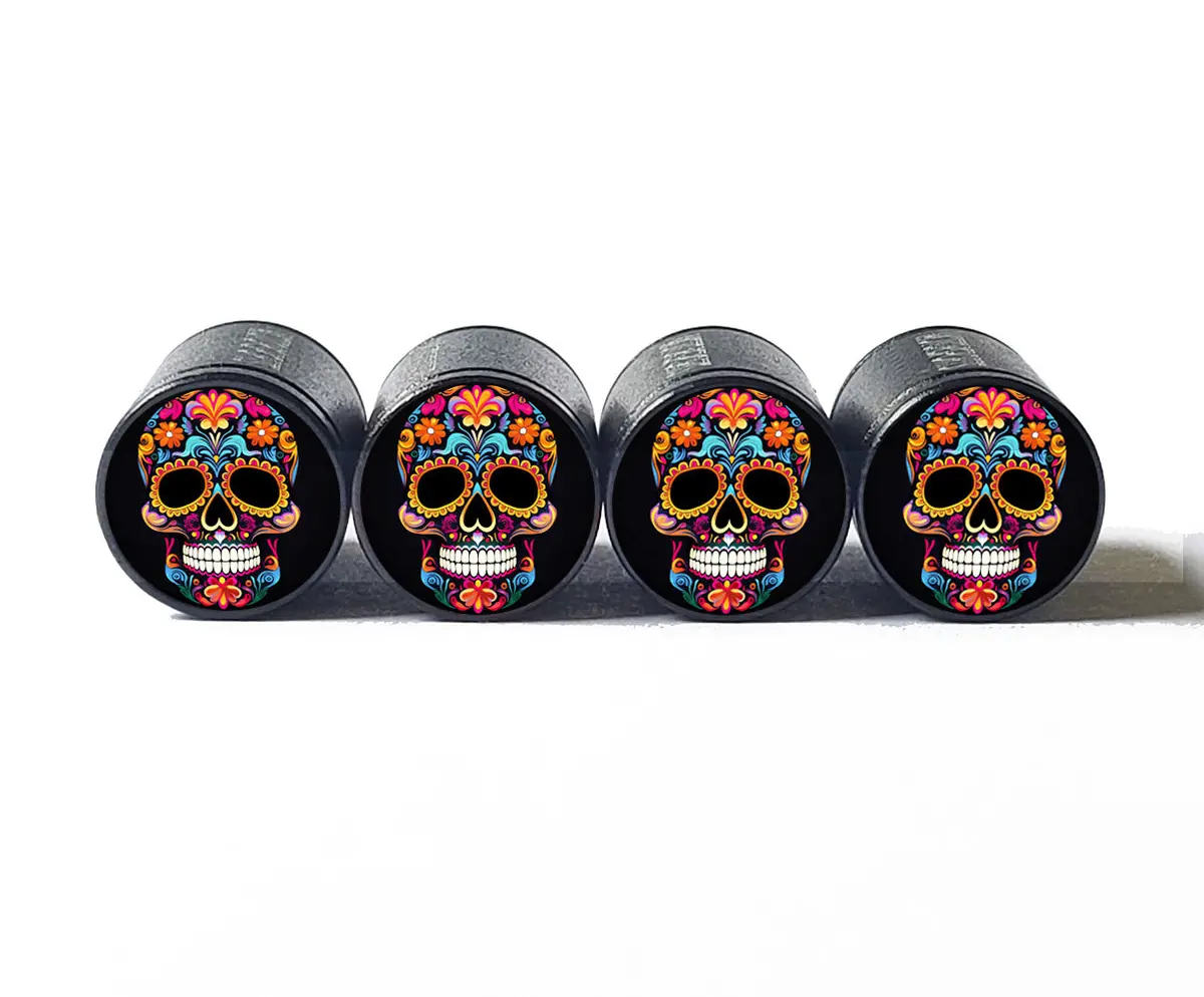 Sugar Skull (Style 11) Tire Valve Caps - Black Aluminum - Set Of Four 1