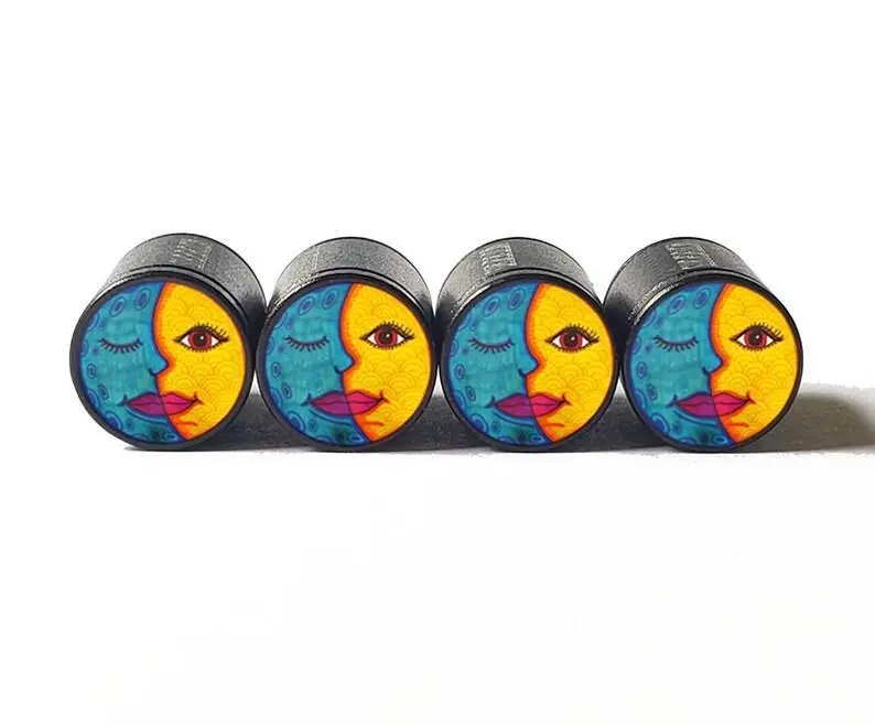 Sun And Moon Art Tire Valve Caps - Black Aluminum - Set Of Four 1