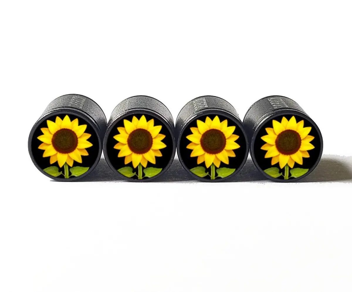 Cute Sunflower Tire Valve Caps - Black Aluminum - Set Of Four 1