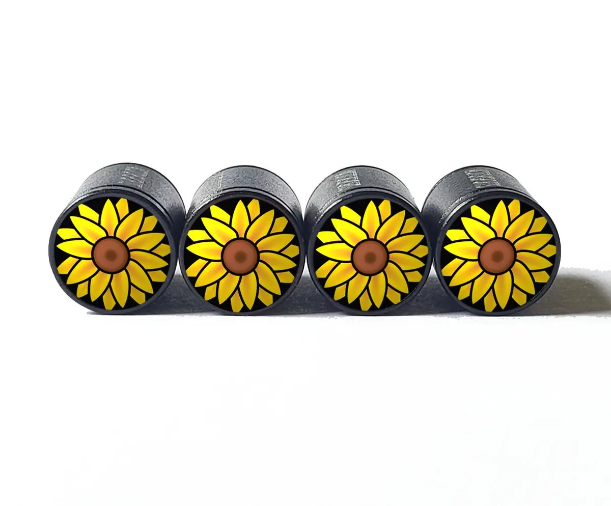 Yellow Sunflower Tire Valve Caps - Black Aluminum - Set Of Four 1