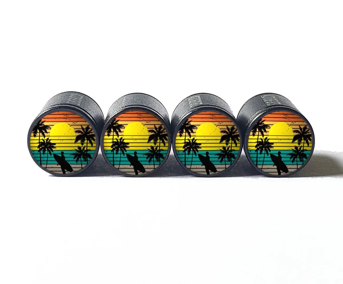 Surfer And Palm Trees Tire Valve Caps - Black Aluminum - Set Of Four 1