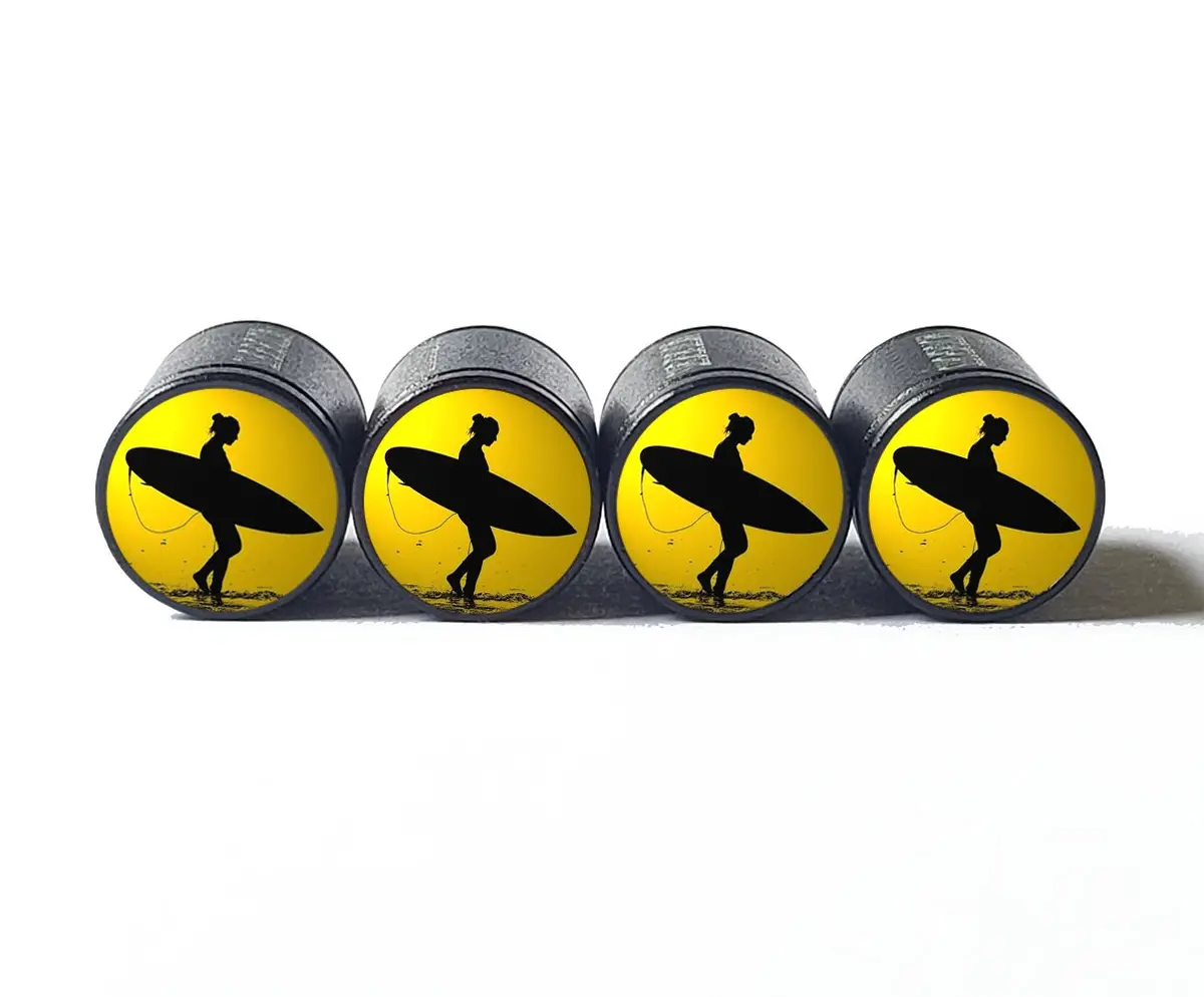 Surfer Girl With Surfboard Tire Valve Caps - Black Aluminum - Set Of 4 1
