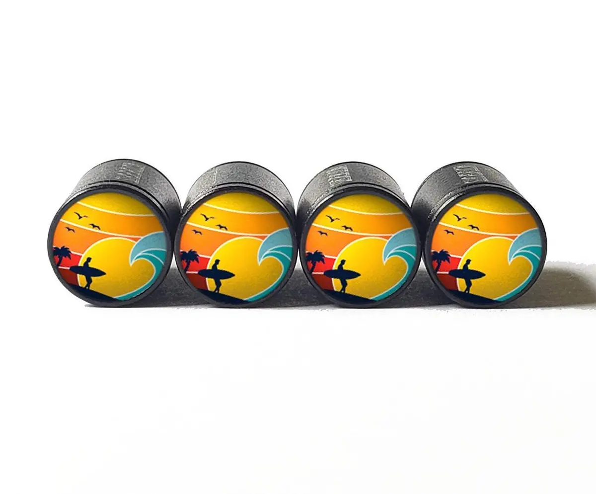 Retro Surfer And Beach Sunset Tire Valve Caps - Black Aluminum - Set Of Four 1