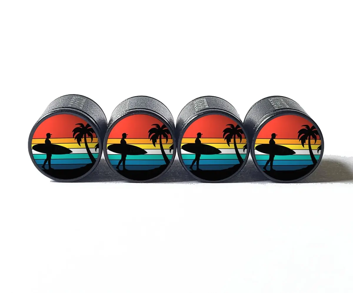 Surfer Guy And Palm Tree Tire Valve Caps - Black Aluminum - Set Of Four 1