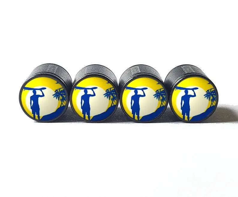 Surfer Guy And Sunset Tire Valve Caps - Black Aluminum - Set Of Four 1