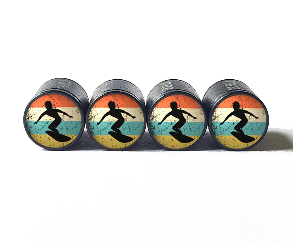 Surfer Silhouette Tire Valve Caps - Black Aluminum - Set Of Four 1