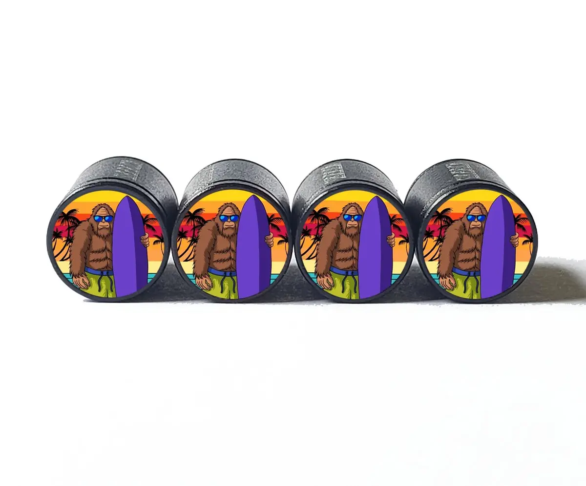 Surfing Bigfoot Sasquatch (Style 2) Tire Valve Caps - Black Aluminum - Set Of Four 1
