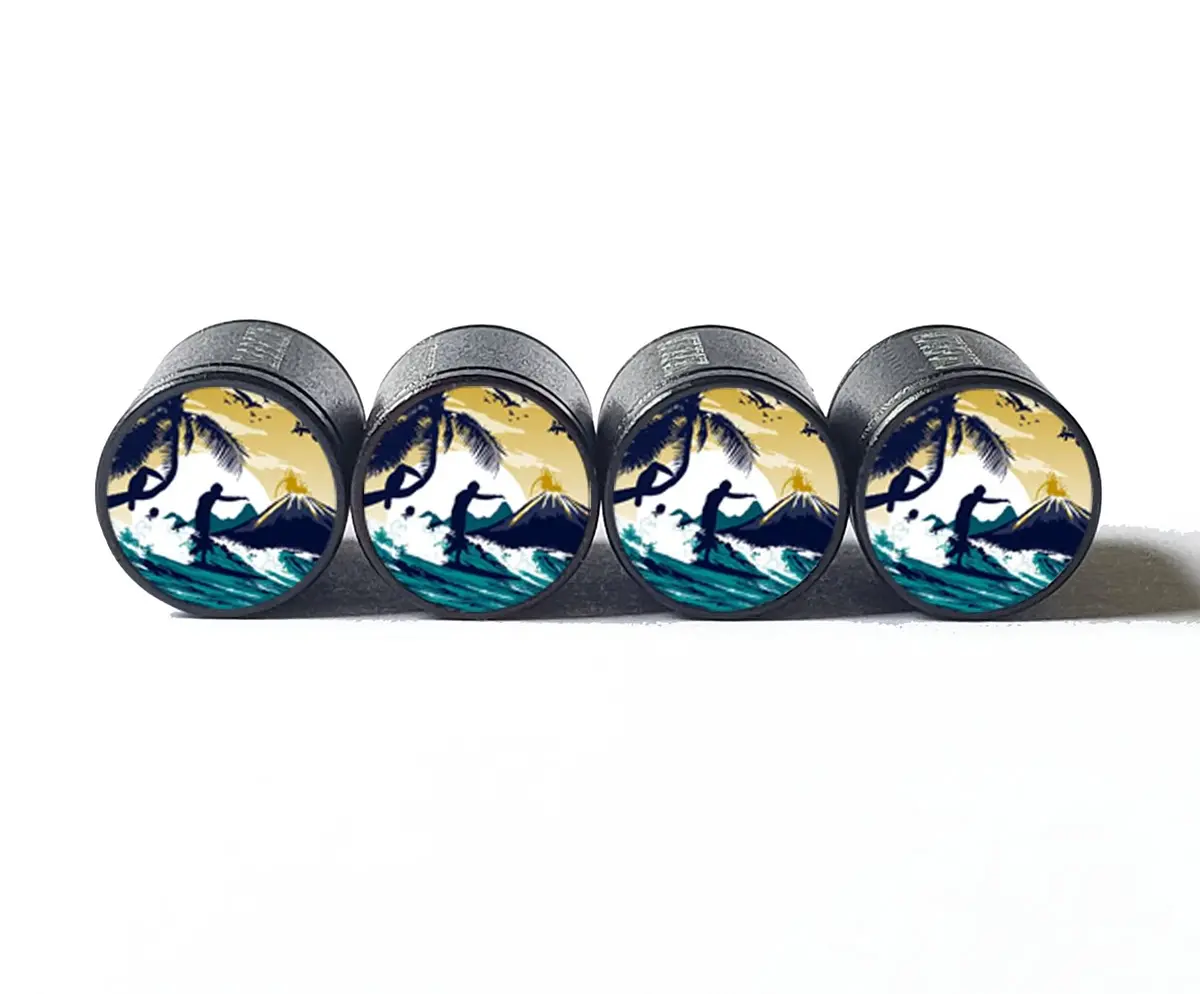 Surfing In Hawaii Tire Valve Caps - Black Aluminum - Set Of Four 1
