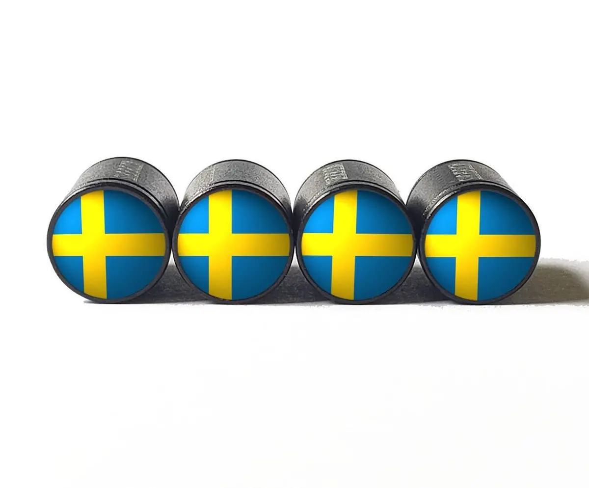 Sweden Flag Tire Valve Caps - Black Aluminum - Set Of Four 1