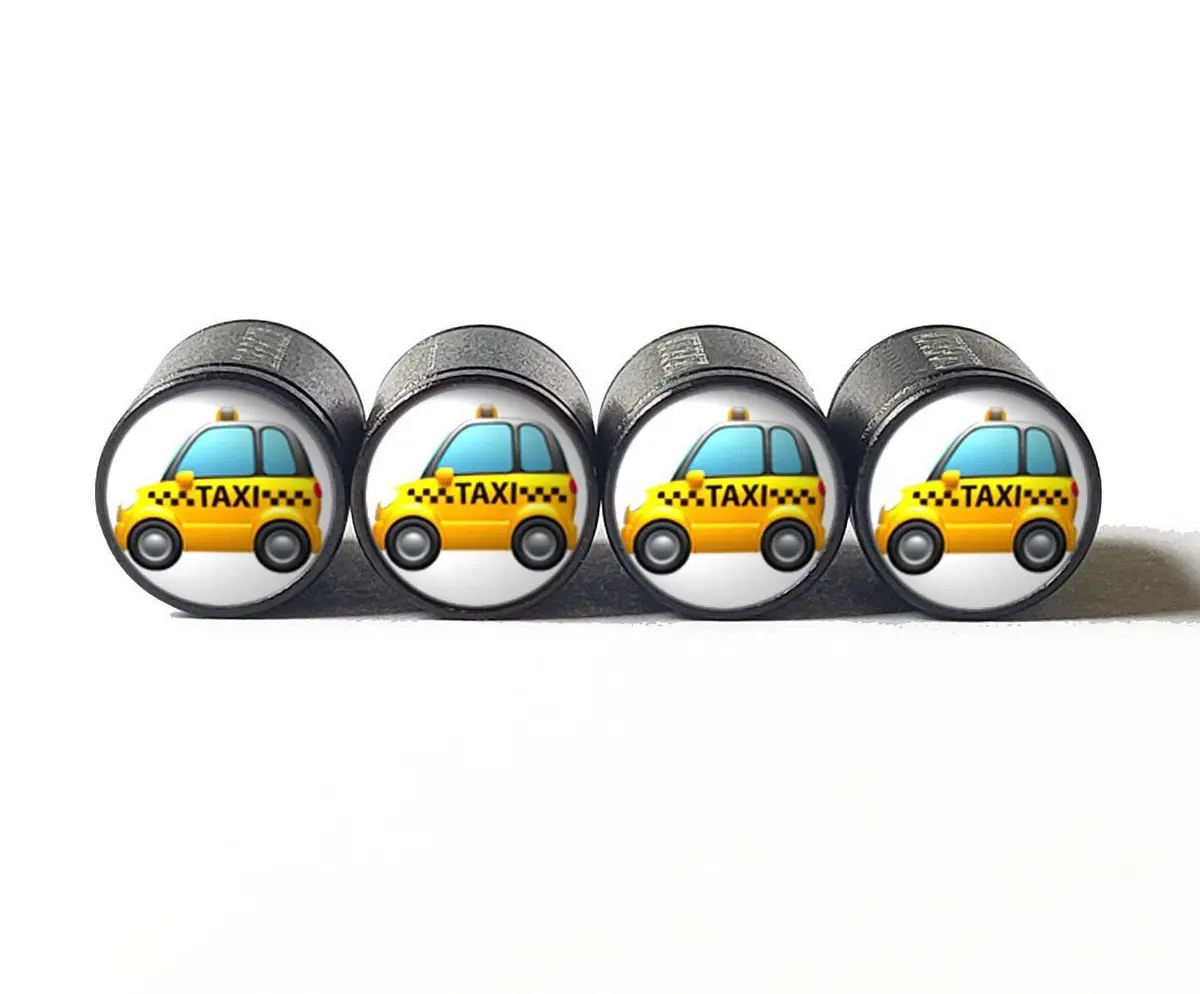 Taxi Cab Emoji Tire Valve Stem Caps - Black Aluminum - Set Of Four 1