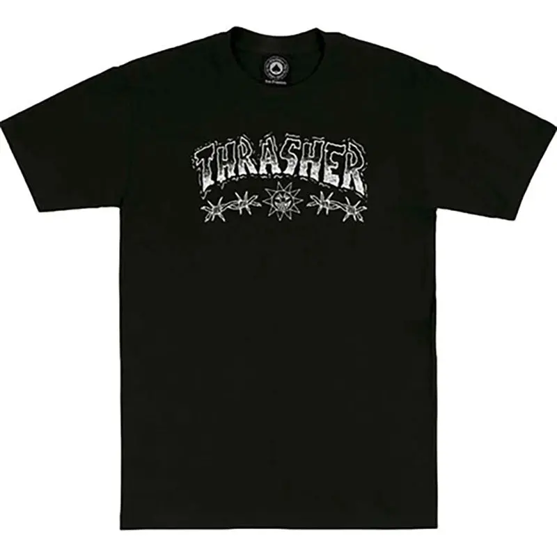 Thrasher Skateboard Magazine Barbed Wire Black Short Sleeve T-Shirts 1