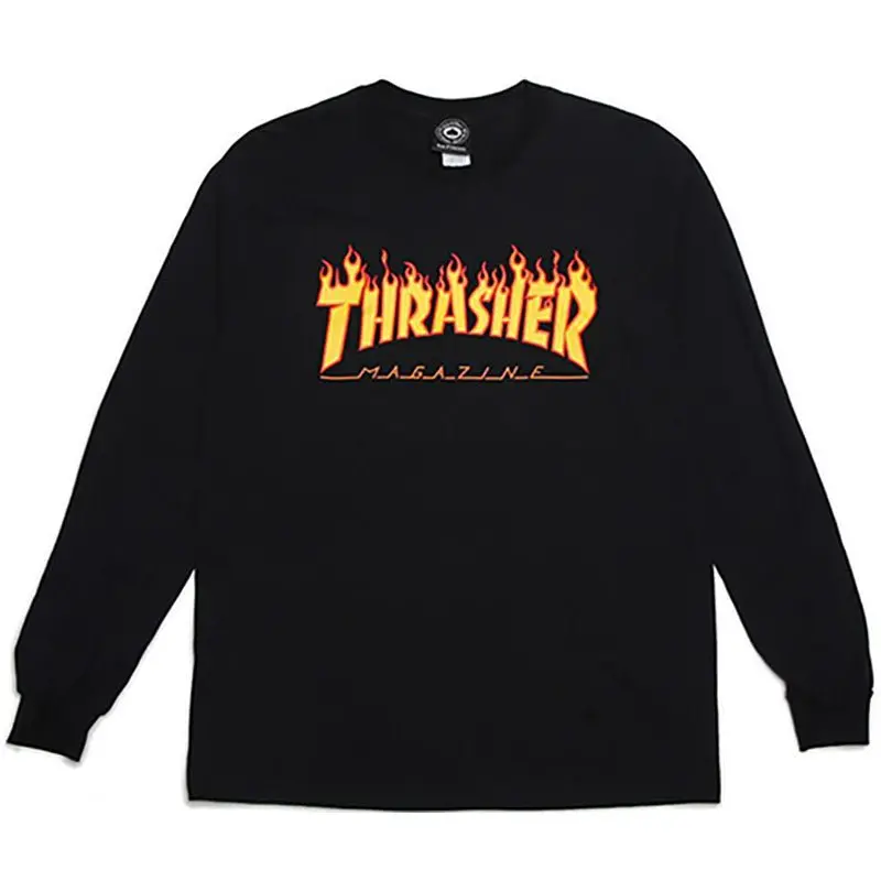 Thrasher Skateboard Magazine Flame Black Long Sleeve T-Shirts 1