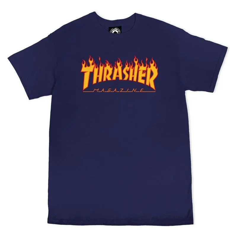 Thrasher Skateboard Magazine Flame Logo Navy T-Shirts 1