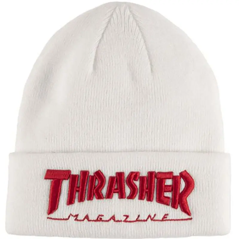 Thrasher Skateboard Magazine White/Red Embroidered Logo Beanie 1