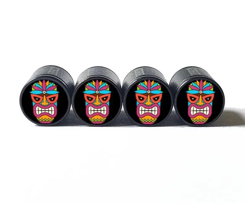 Tiki Mask (Style 2) Tire Valve Caps - Black Aluminum - Set Of Four 1
