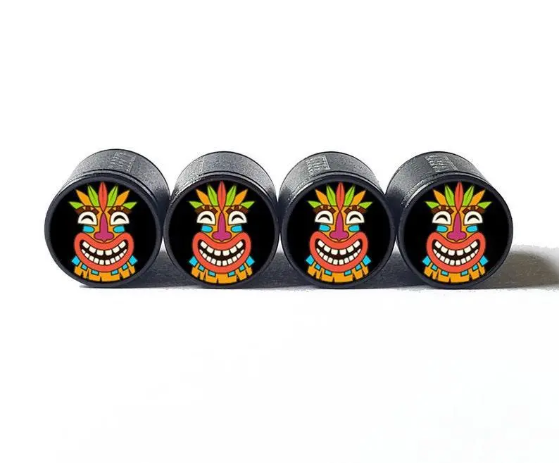 Tiki Mask (Style 3) Tire Valve Caps - Black Aluminum - Set Of Four 1