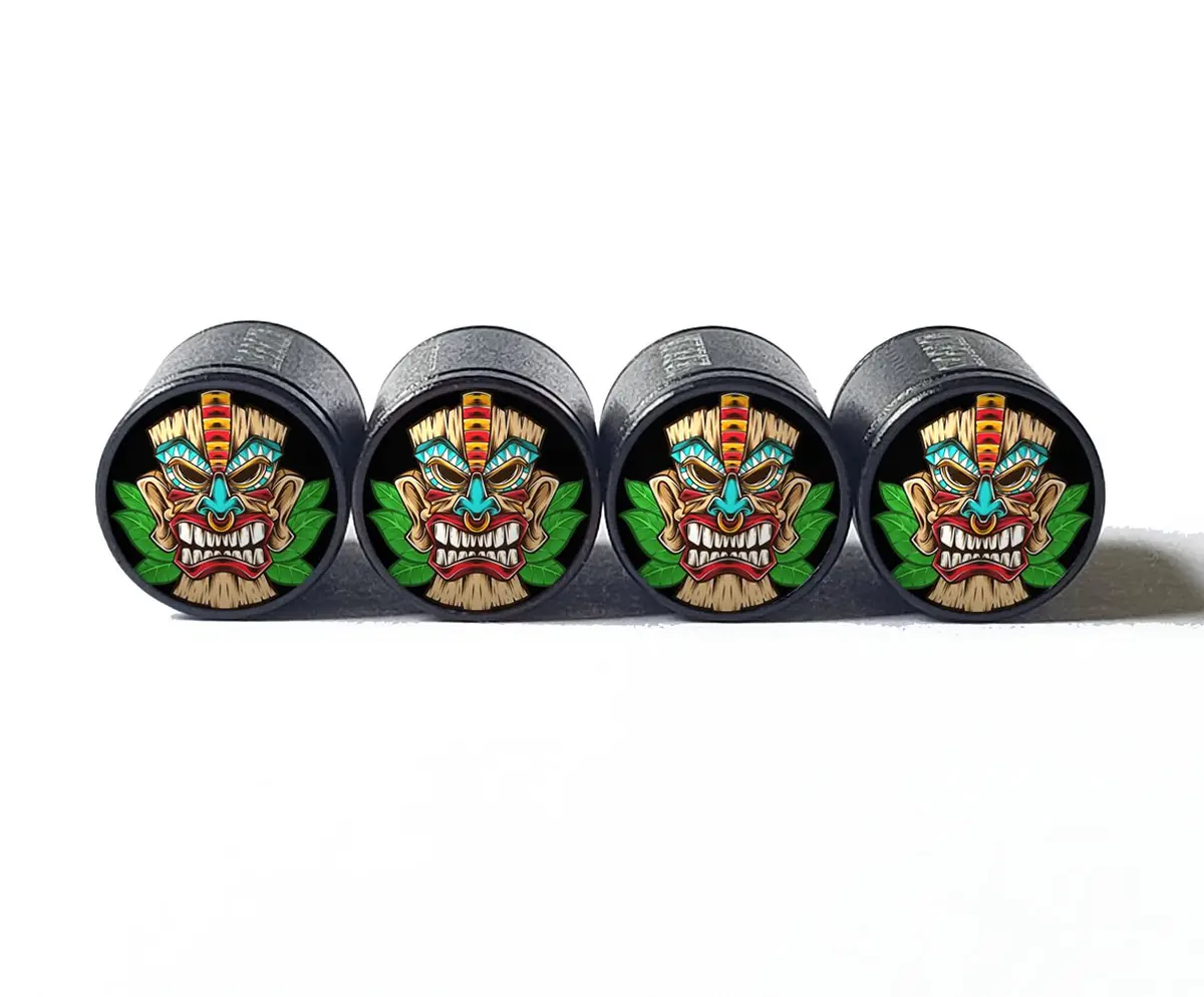 Tiki Mask (Style 4) Tire Valve Caps - Black Aluminum - Set Of Four 1