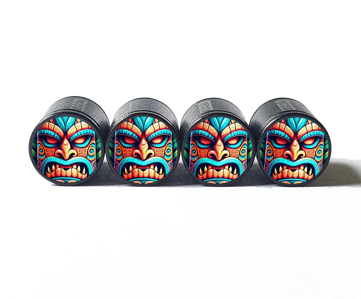 Tiki Mask (Style 5) Tire Valve Caps - Black Aluminum - Set Of Four 1