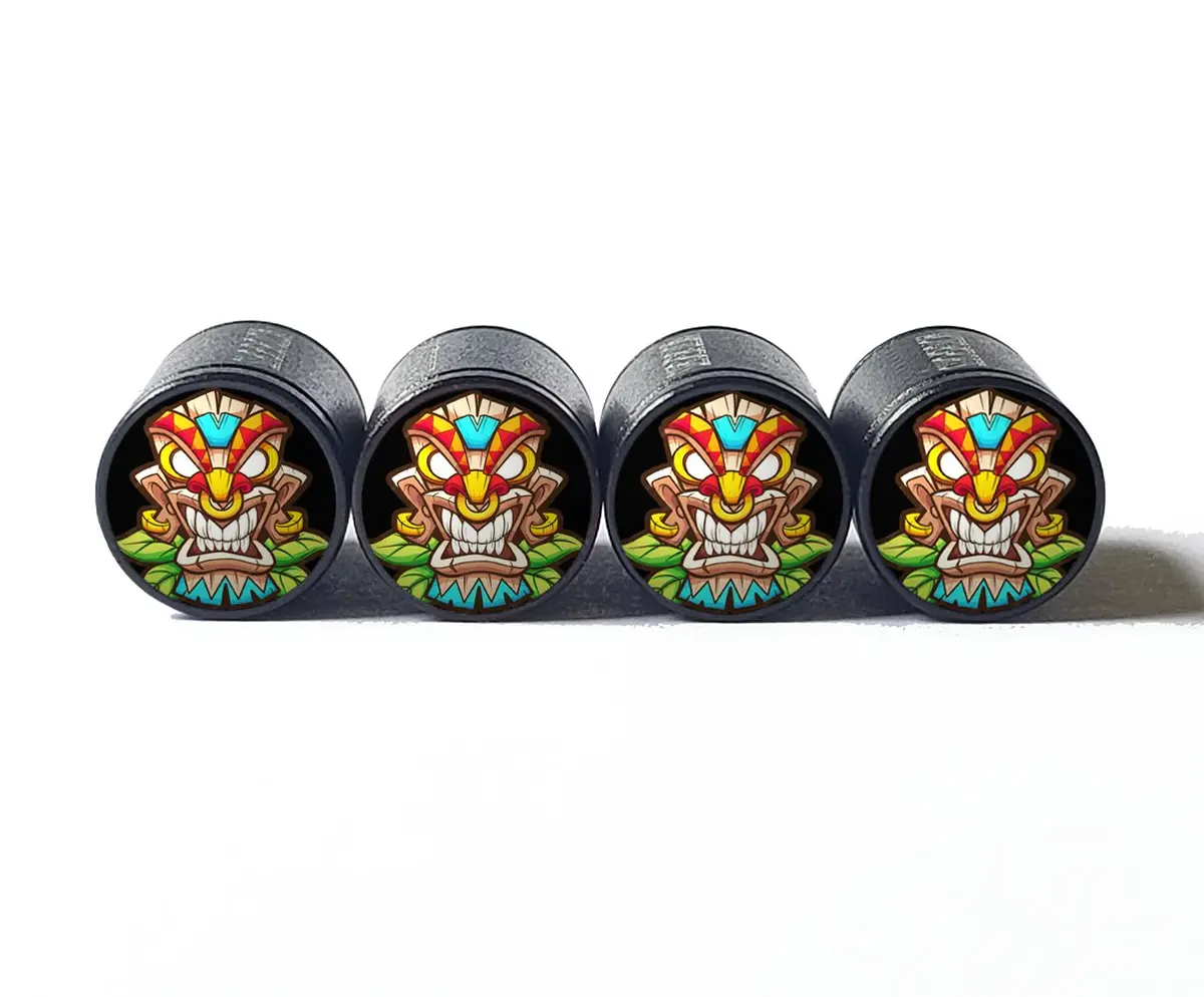 Tiki Mask (Style 6) Tire Valve Caps - Black Aluminum - Set Of Four 1