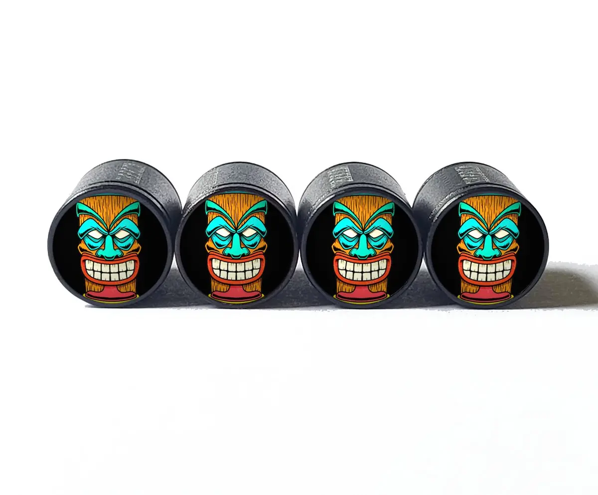 Tiki Mask (Style 7) Tire Valve Caps - Black Aluminum - Set Of Four 1