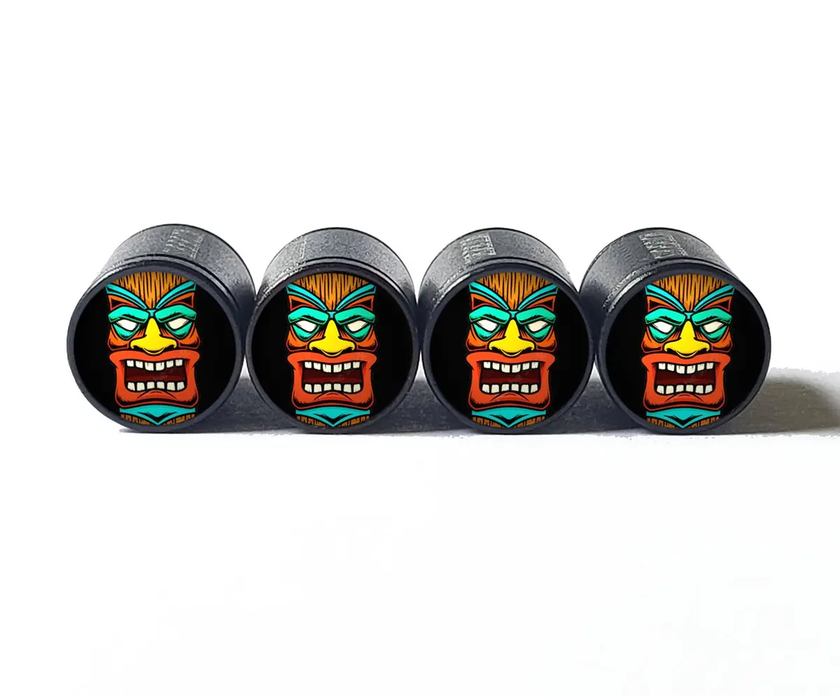 Tiki Mask (Style 8) Tire Valve Caps - Black Aluminum - Set Of Four 1