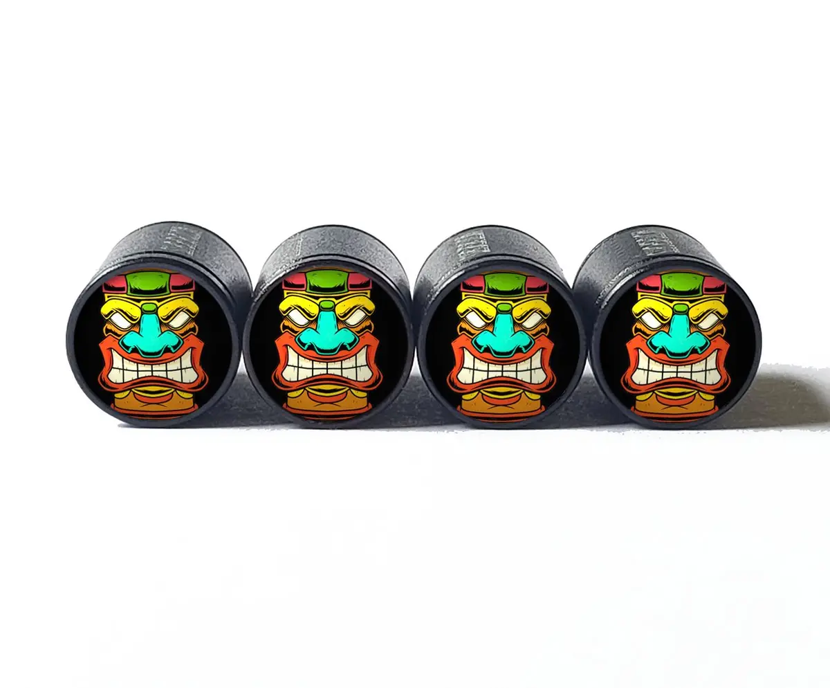 Tiki Mask (Style 9) Tire Valve Caps - Black Aluminum - Set Of Four 1