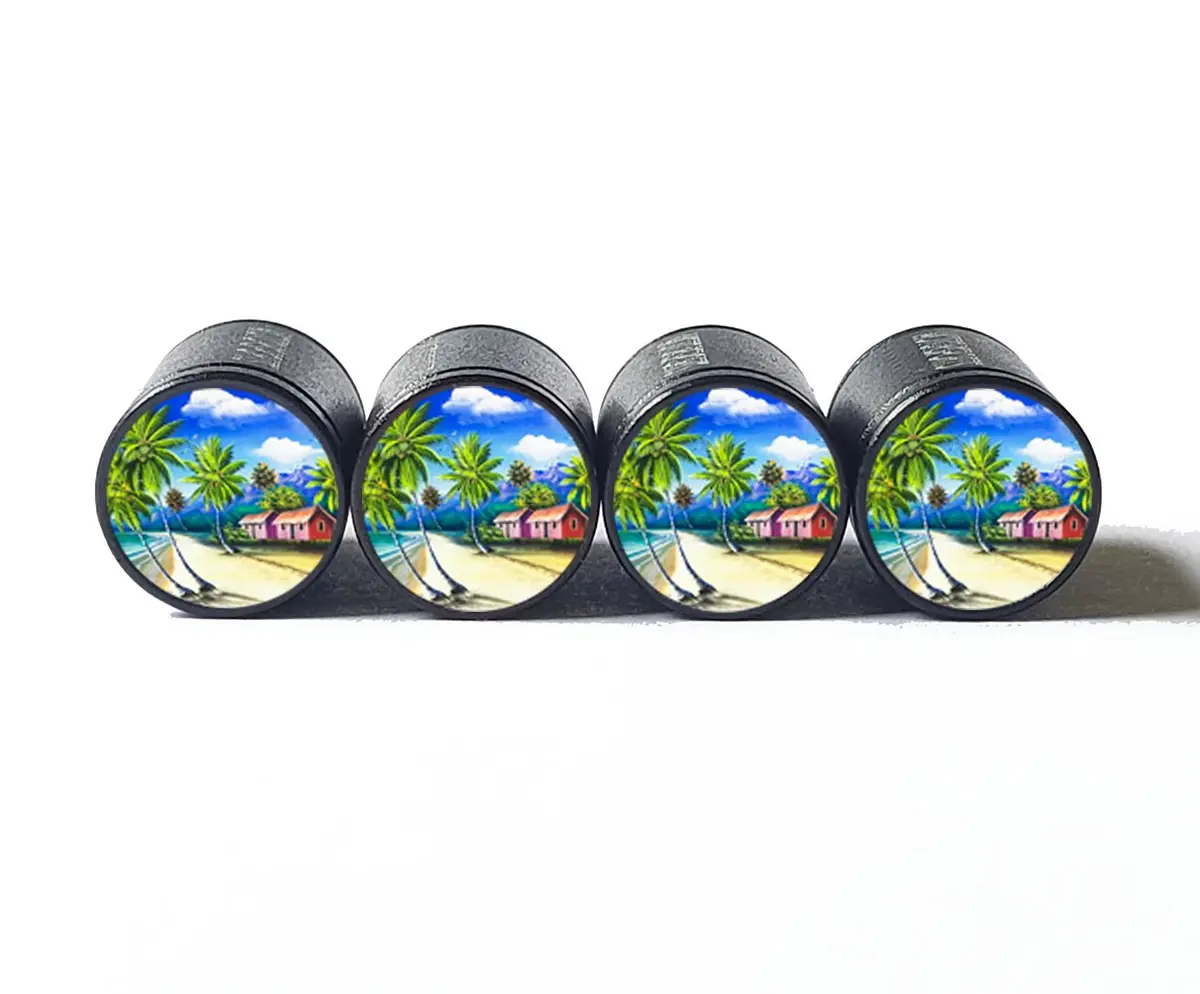 Tropical Beach Paradise Tire Valve Caps - Black Aluminum - Set Of Four 1