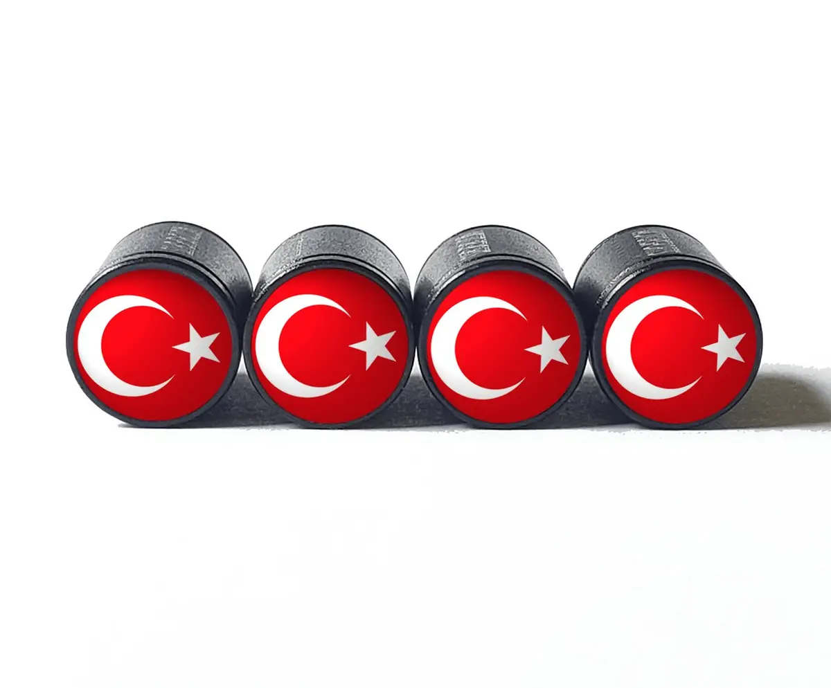 Turkey Flag Tire Valve Stem Caps - Black Aluminum - Set Of Four 1